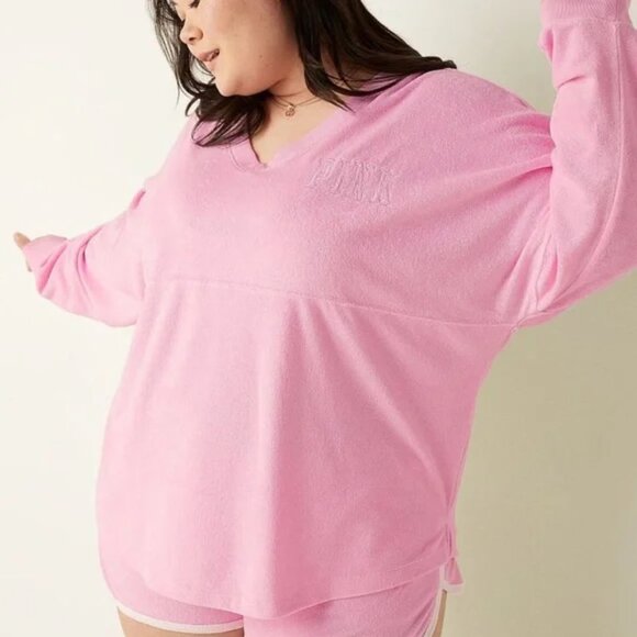 Victoria's Secret PINK Varsity Beach Terry V Neck Top Cupid Pink Size Small - Picture 2 of 9